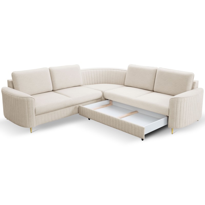 LAREN Modern Corner Sofa with Sleep Function, Bedding Storage, Plastic Legs, Right Side, CREMAL, 251x251x85 cm LAREN Modern Corner Sofa with Sleep Function, Bedding Storage, Plastic Legs, Right Side, CREMAL, 251x251x85 cm