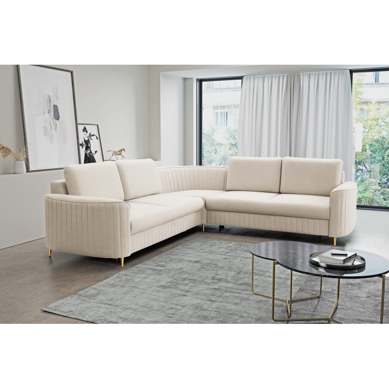 LAREN Modern Corner Sofa with Sleep Function, Bedding Storage, Plastic Legs, Right Side, CREMAL, 251x251x85 cm LAREN Modern Corner Sofa with Sleep Function, Bedding Storage, Plastic Legs, Right Side, CREMAL, 251x251x85 cm