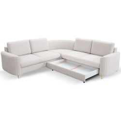 LAREN Corner Modern Sofa with Sleep Function, Bedding Storage, Plastic Legs, Right Side, ECRU, 251x251x85 cm LAREN Corner Modern Sofa with Sleep Function, Bedding Storage, Plastic Legs, Right Side, ECRU, 251x251x85 cm