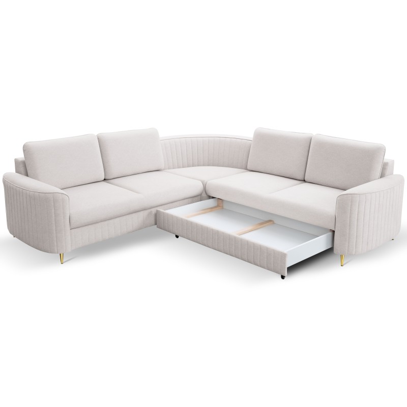 LAREN Corner Modern Sofa with Sleep Function, Bedding Storage, Plastic Legs, Right Side, ECRU, 251x251x85 cm LAREN Corner Modern Sofa with Sleep Function, Bedding Storage, Plastic Legs, Right Side, ECRU, 251x251x85 cm