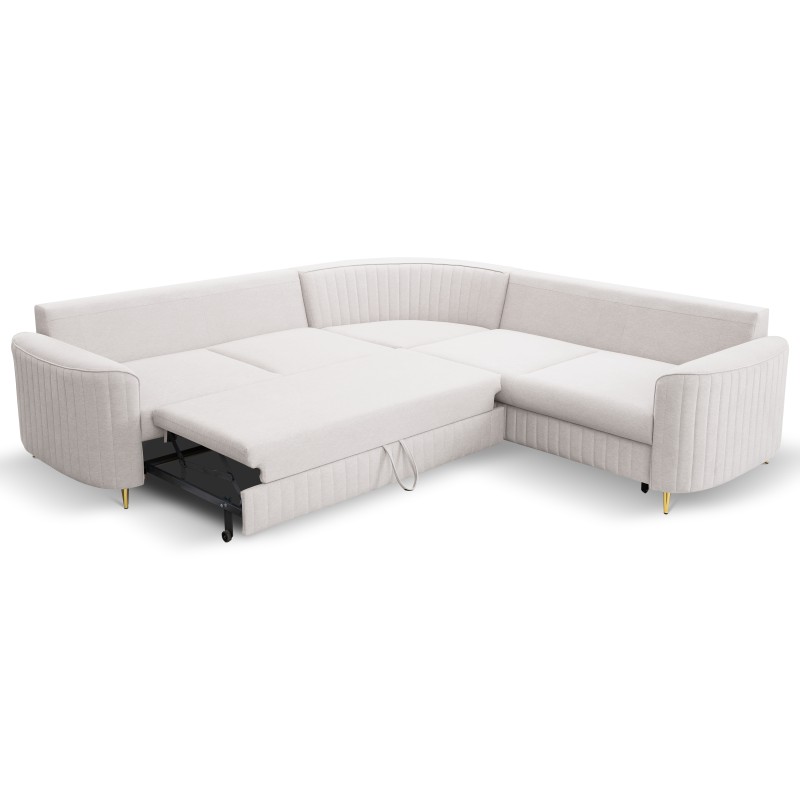 LAREN Corner Modern Sofa with Sleep Function, Bedding Storage, Plastic Legs, Right Side, ECRU, 251x251x85 cm LAREN Corner Modern Sofa with Sleep Function, Bedding Storage, Plastic Legs, Right Side, ECRU, 251x251x85 cm