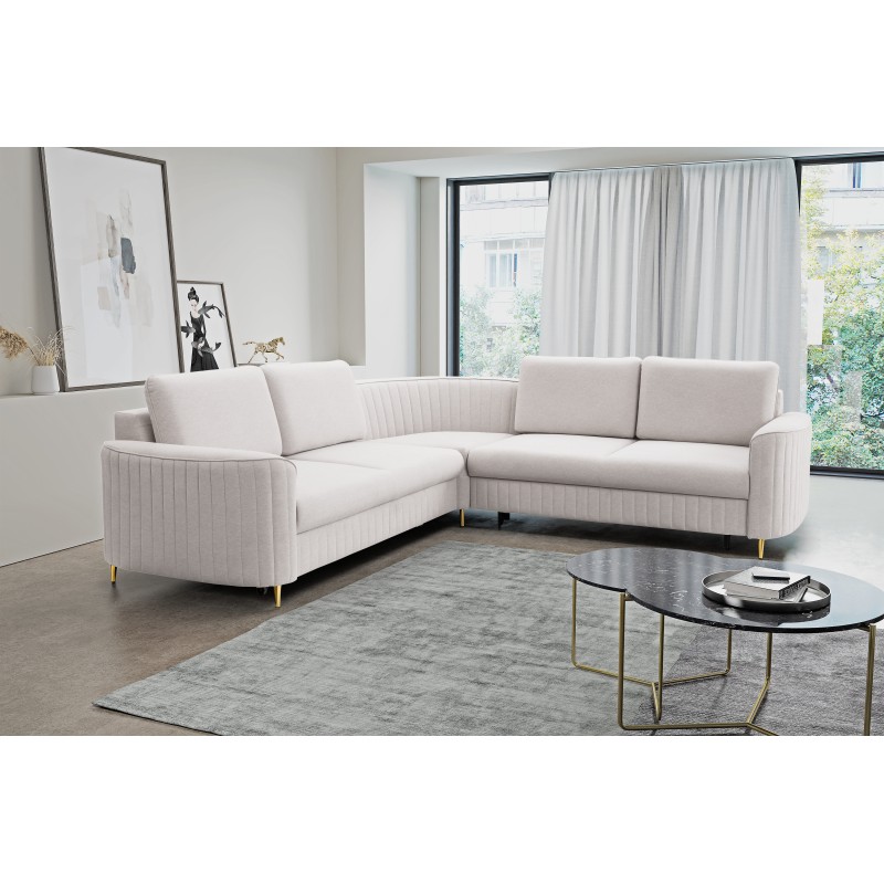 LAREN Corner Modern Sofa with Sleep Function, Bedding Storage, Plastic Legs, Right Side, ECRU, 251x251x85 cm LAREN Corner Modern Sofa with Sleep Function, Bedding Storage, Plastic Legs, Right Side, ECRU, 251x251x85 cm