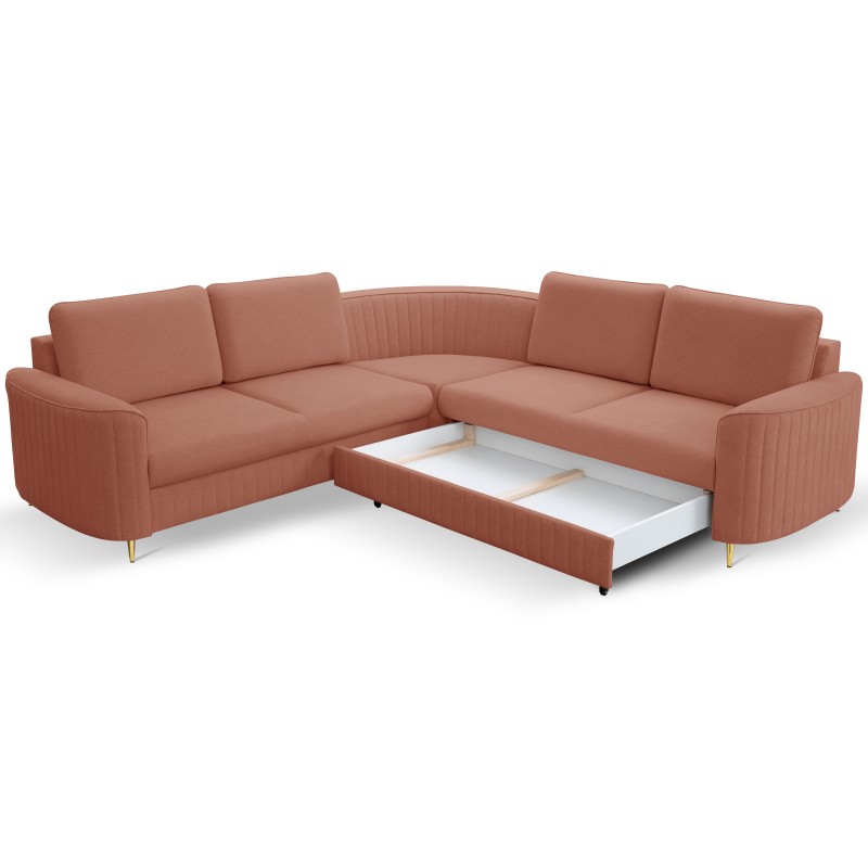 LAREN Corner Modern Sofa with Sleep Function, Bedding Storage, Plastic Legs, Right Side, POWDER PINK, 251x251x85 cm LAREN Corner Modern Sofa with Sleep Function, Bedding Storage, Plastic Legs, Right Side, POWDER PINK, 251x251x85 cm