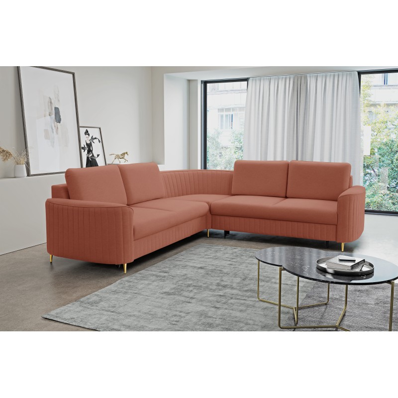 LAREN Corner Modern Sofa with Sleep Function, Bedding Storage, Plastic Legs, Right Side, POWDER PINK, 251x251x85 cm LAREN Corner Modern Sofa with Sleep Function, Bedding Storage, Plastic Legs, Right Side, POWDER PINK, 251x251x85 cm