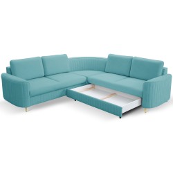 LAREN Modern Corner Sofa with Sleep Function, Bedding Storage, Plastic Legs, Right Side, TURQUOISE, 251x251x85 cm LAREN Modern Corner Sofa with Sleep Function, Bedding Storage, Plastic Legs, Right Side, TURQUOISE, 251x251x85 cm