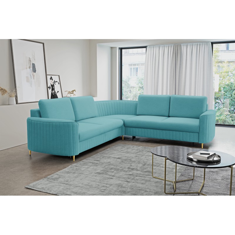 LAREN Modern Corner Sofa with Sleep Function, Bedding Storage, Plastic Legs, Right Side, TURQUOISE, 251x251x85 cm LAREN Modern Corner Sofa with Sleep Function, Bedding Storage, Plastic Legs, Right Side, TURQUOISE, 251x251x85 cm