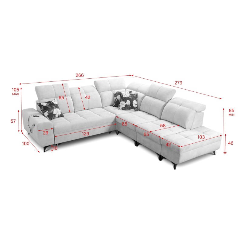 Ecksofa Ascot IX mit Schlaffunktion, USB-Anschluss und verstellbaren Kopfstützen - Samt, Wave 2 Ecksofa Ascot IX mit Schlaffunktion, USB-Anschluss und verstellbaren Kopfstützen - Samt, Wave 2