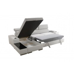 Napoli I Mini Corner Sofa with Sleeping Function and Bar - Woven Fabric, Sawana 14 + Eco-Leather