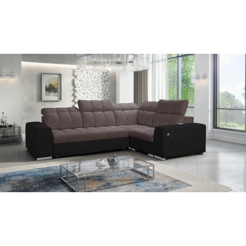 Prisma II corner sofa with a sleeping function in Velvet fabric | Pet friendly, Terra 26 + Black Eco-leather | Your ideal place 