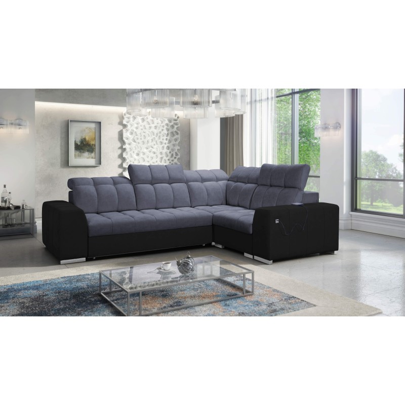 Prisma II Corner Sofa with Sleeping Function in Velvet Fabric | Pet Friendly, Terra 96 + Black Eco-leather | Your Ideal Place to