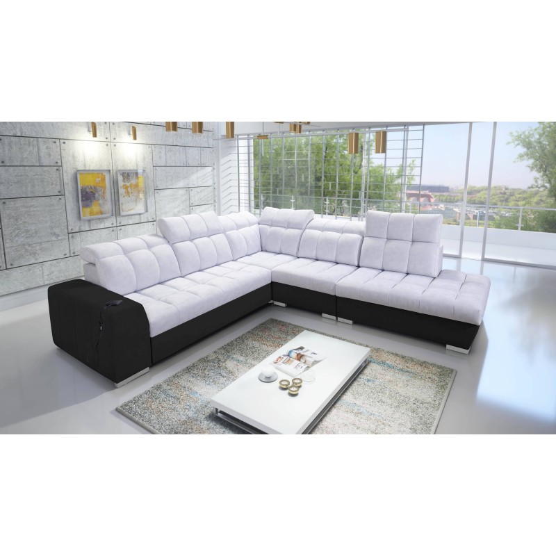 Ecksofa Prisma IX mit Schlaffunktion, USB-Anschluss und Bettkasten - Samt | Haustierfreundlich, Terra 80 + Schwarzes Kunstleder