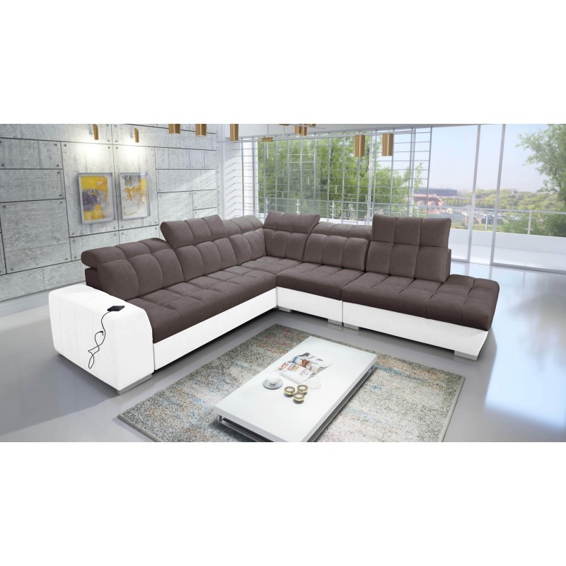 Prisma IX corner sofa with a sleeping function, USB port, and bedding storage - Velvet | Pet friendly, Terra 26 + Eco-leather