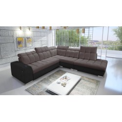 Prisma IX Ecksofa mit Schlaffunktion, USB-Anschluss und Bettkasten - Samt | Haustierfreundlich, Terra 26 + Schwarzes Kunstleder