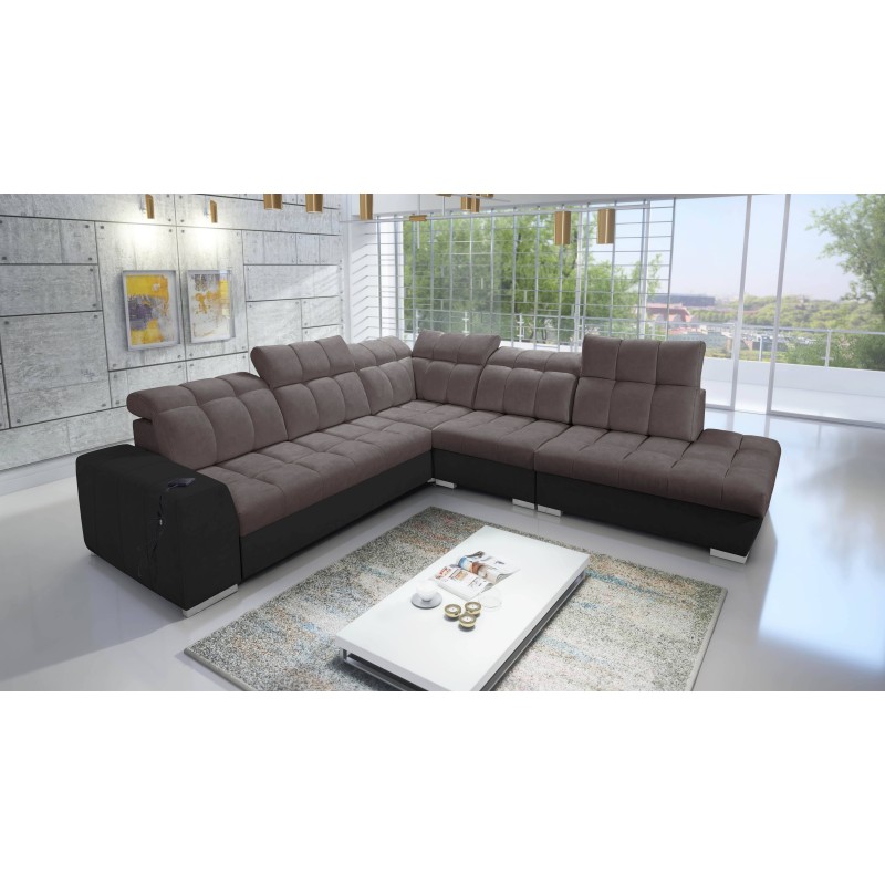 Prisma IX corner sofa with sleeping function, USB port, and bedding storage - Velvet | Pet-friendly, Terra 26 + Black Eco-leathe