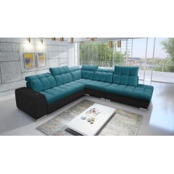 Ecksofa Prisma IX mit Schlaffunktion, USB-Anschluss und Bettkasten - Samt | Haustierfreundlich, Terra 75 + Schwarzes Ökoleder
