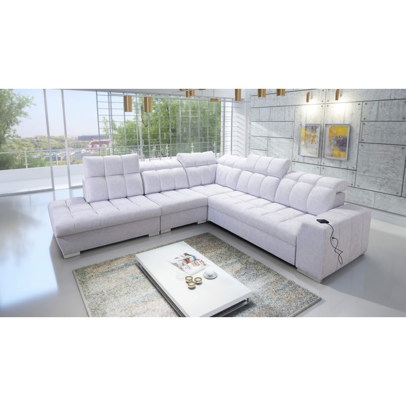 Prisma IX corner sofa with sleeping function, USB port, and bedding storage - Velvet | Pet friendly, Terra 80