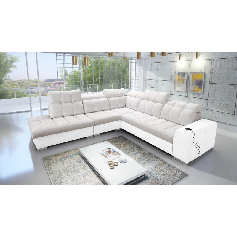 Prisma IX corner sofa with a sleeping function, USB port, and bedding storage - Velvet | Pet friendly, Terra 06 + Eco-leather