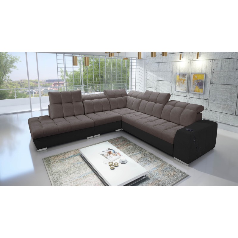 Prisma IX Ecksofa mit Schlaffunktion, USB-Anschluss und Bettkasten - Samt | Haustierfreundlich, Terra 26 + Schwarzes Kunstleder