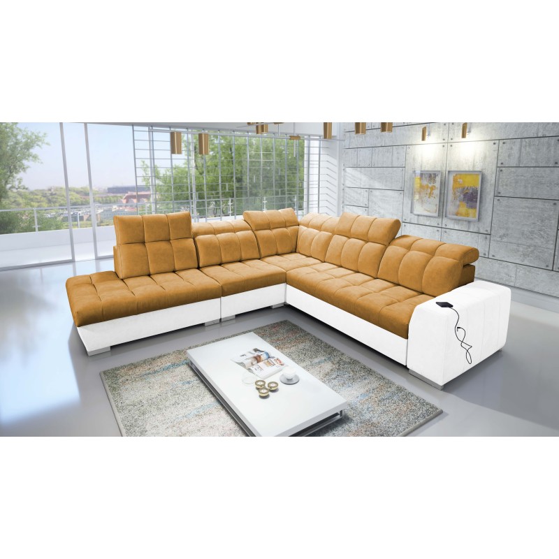 Prisma IX corner sofa with a sleeping function, USB port, and bedding container - Velvet | Pet friendly, Terra 48 + Eco-leather