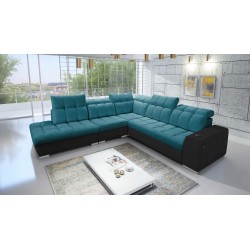 Ecksofa Prisma IX mit Schlaffunktion, USB-Anschluss und Bettkasten - Samt | Haustierfreundlich, Terra 75 + Schwarzes Ökoleder
