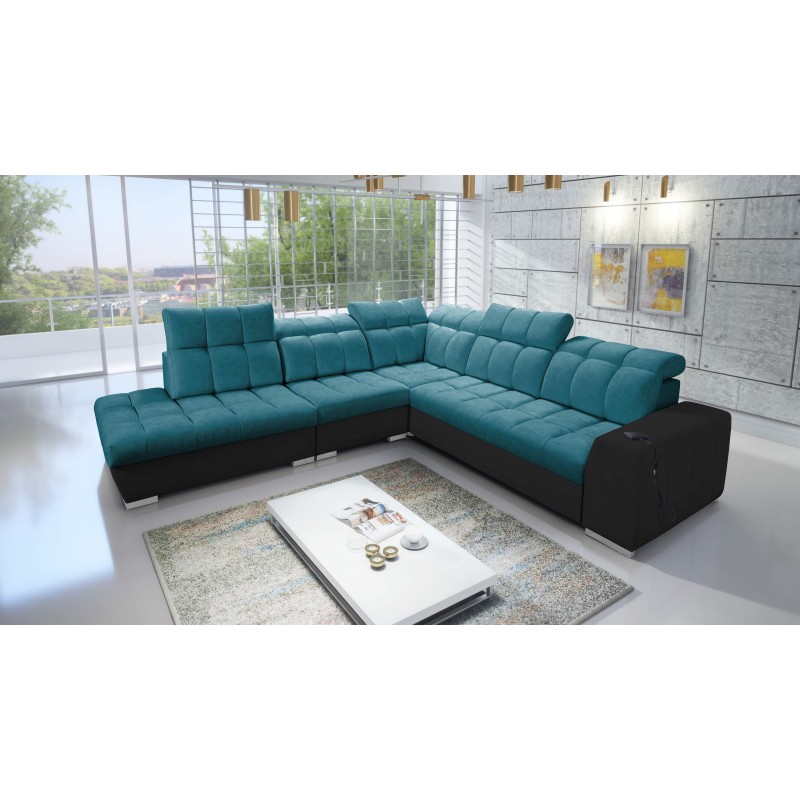 Prisma IX Corner Sofa with sleeping function, USB port, and bedding storage - Velvet | Pet friendly, Terra 75 + Black Eco-leathe