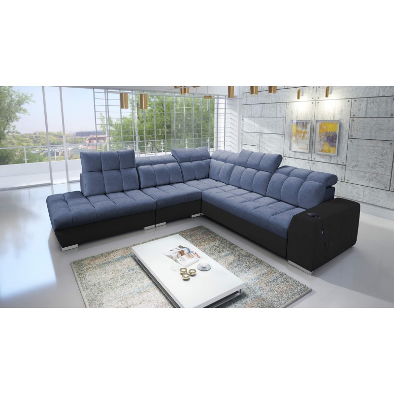 Prisma IX Corner Sofa with Sleeping Function, USB Port, and Bedding Storage - Velvet | Pet Friendly, Terra 76 + Black Eco-leathe