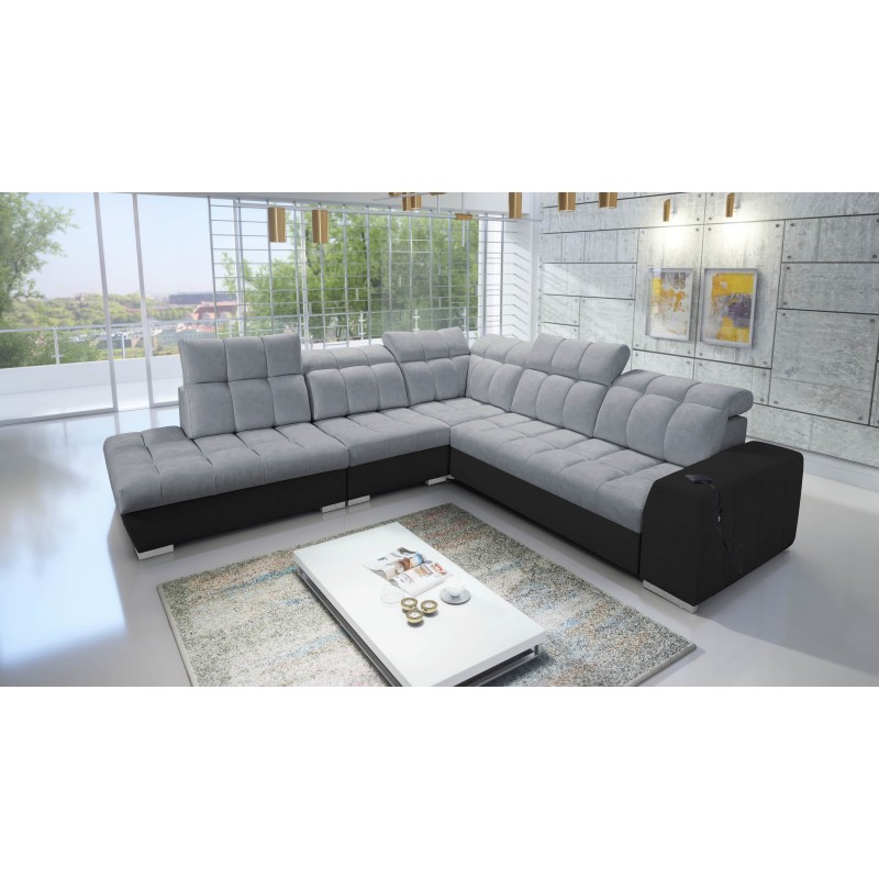 Prisma IX Ecksofa mit Schlaffunktion, USB-Anschluss und Bettkasten - Samt | Haustierfreundlich, Terra 92 + Schwarzes Kunstleder