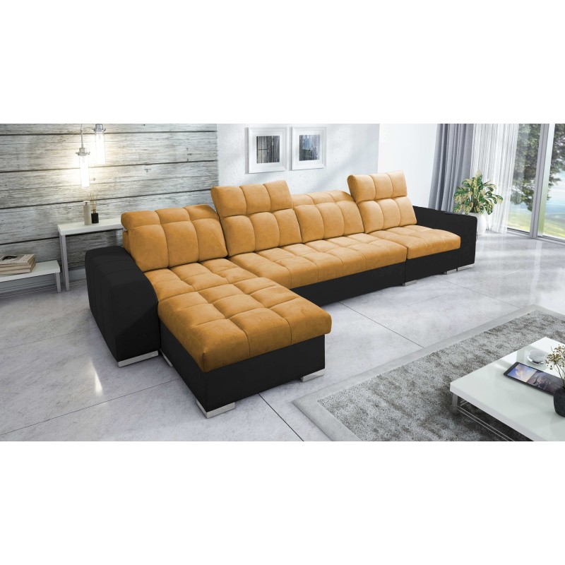 Prisma XII Corner Sofa with Sleeping Function | Luxury Furniture with USB Port | Velvet | Pet Friendly, Terra 48 + Black Eco-lea