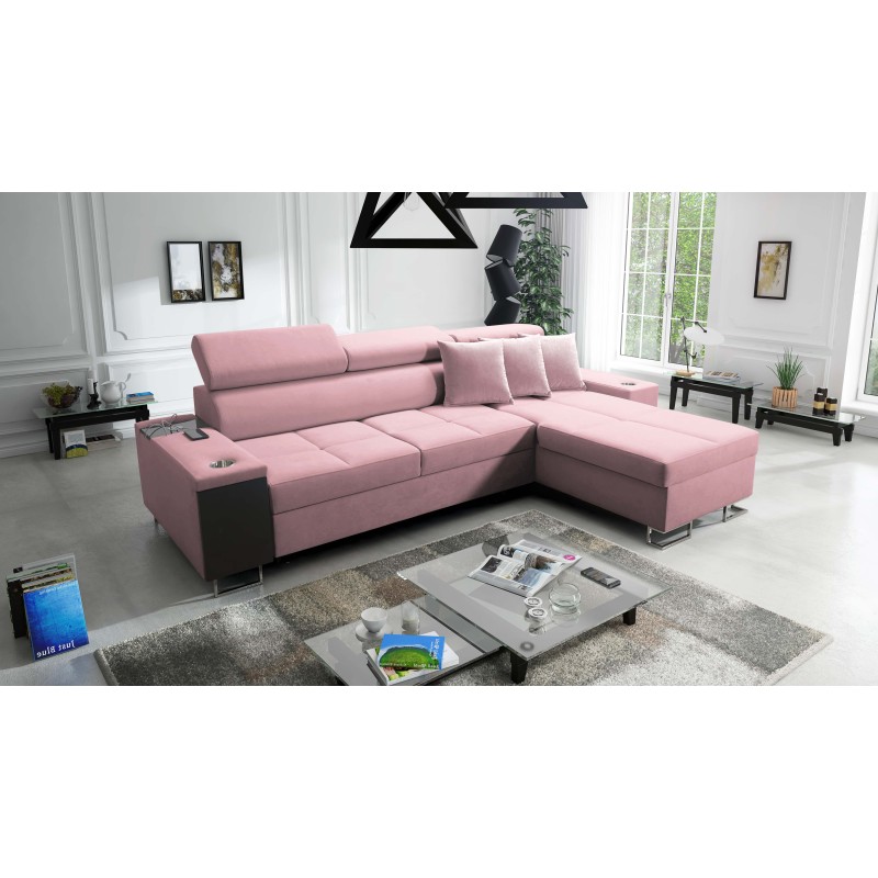 Sofá esquinero Orbix I Maxi con función de dormir, puerto USB y contenedor para ropa de cama. Sofá esquinero Orbix I Maxi con función de dormir, puerto USB y contenedor para ropa de cama.