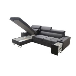 Sofá esquinero Orbix I Maxi con función de dormir, puerto USB y contenedor para ropa de cama.