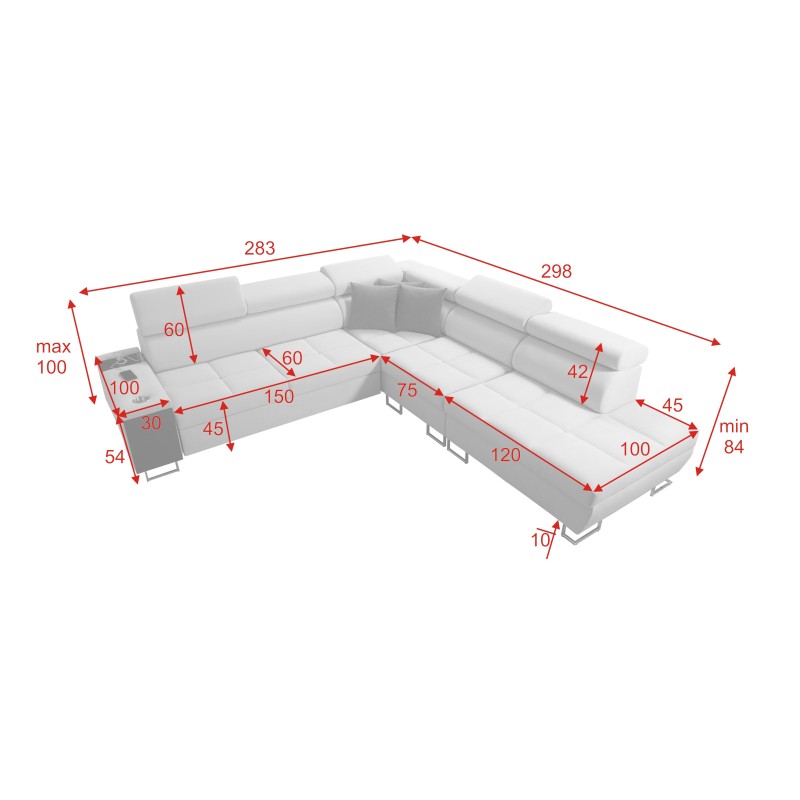 Sofá esquinero Orbix IX con función de cama, reposacabezas ajustables, puerto USB - Tejido, Sawana 14 Sofá esquinero Orbix IX con función de cama, reposacabezas ajustables, puerto USB - Tejido, Sawana 14