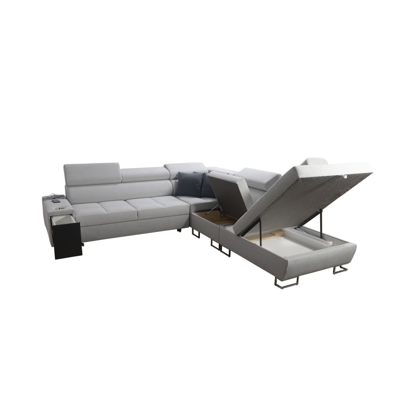 Sofá esquinero Orbix IX con función de cama, reposacabezas ajustables, puerto USB - Tejido, Sawana 14 Sofá esquinero Orbix IX con función de cama, reposacabezas ajustables, puerto USB - Tejido, Sawana 14