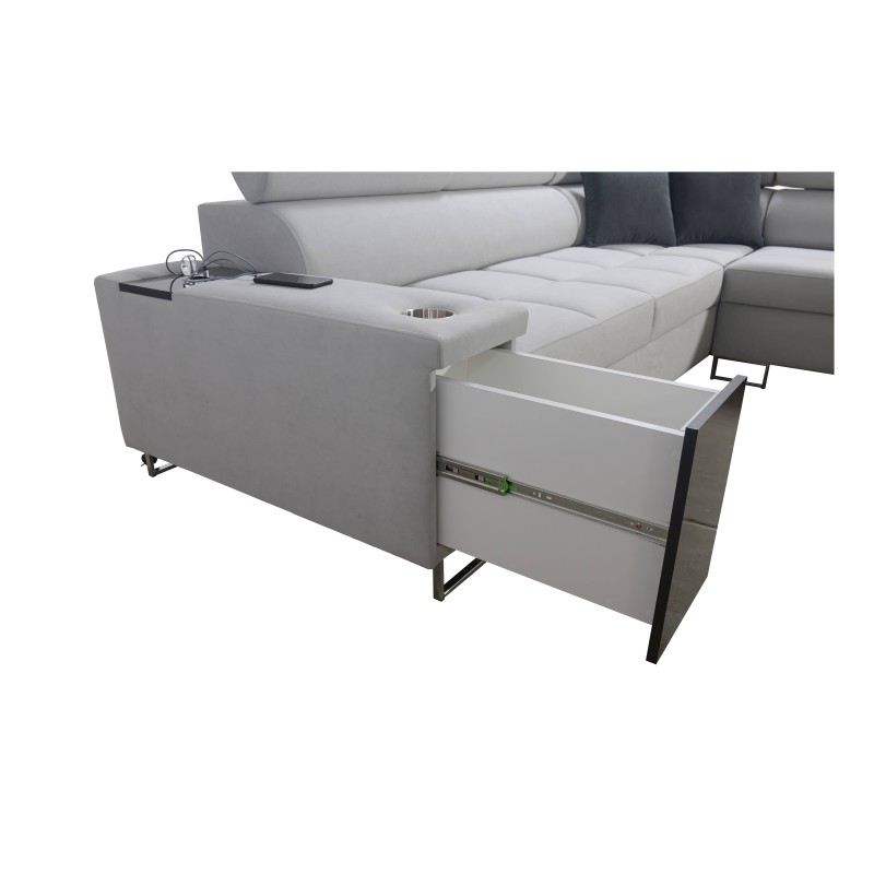 Sofá esquinero Orbix IX con función de cama, reposacabezas ajustables, puerto USB - Tejido, Sawana 14 Sofá esquinero Orbix IX con función de cama, reposacabezas ajustables, puerto USB - Tejido, Sawana 14