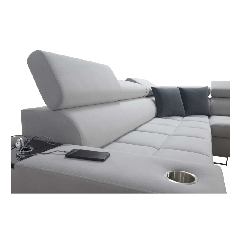 Sofá esquinero Orbix IX con función de cama, reposacabezas ajustables, puerto USB - Tejido, Sawana 14 Sofá esquinero Orbix IX con función de cama, reposacabezas ajustables, puerto USB - Tejido, Sawana 14
