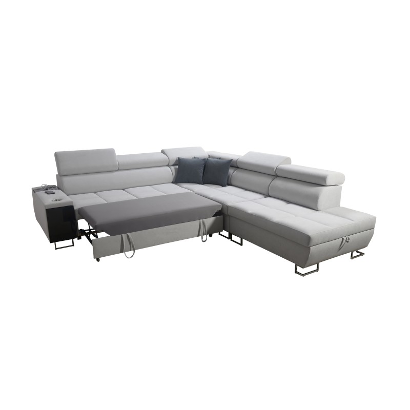 Sofá esquinero Orbix IX con función de cama, reposacabezas ajustables, puerto USB - Tela tramada, Sawana 25 Sofá esquinero Orbix IX con función de cama, reposacabezas ajustables, puerto USB - Tela tramada, Sawana 25