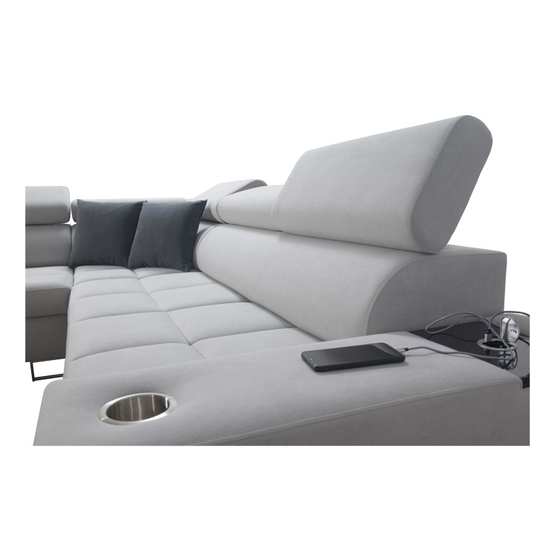 Sofá esquinero Orbix IX con función de cama, reposacabezas ajustables, puerto USB - Tejido, Sawana 96 Sofá esquinero Orbix IX con función de cama, reposacabezas ajustables, puerto USB - Tejido, Sawana 96