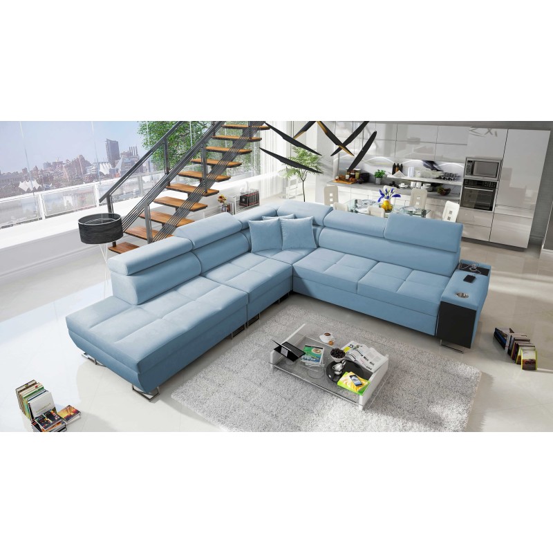 Sofá esquinero Orbix IX con función para dormir, reposacabezas ajustables, puerto USB - Terciopelo, Ultario Velvet 2960
