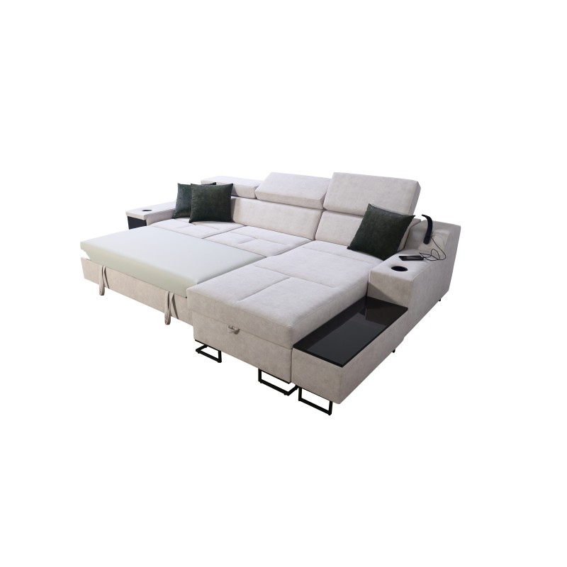 Ecksofa Avanti I mini mit Schlaffunktion und Lampe mit USB-Anschluss, Stoff Whisper 3 + schwarzes Kunstleder Ecksofa Avanti I mini mit Schlaffunktion und Lampe mit USB-Anschluss, Stoff Whisper 3 + schwarzes Kunstleder