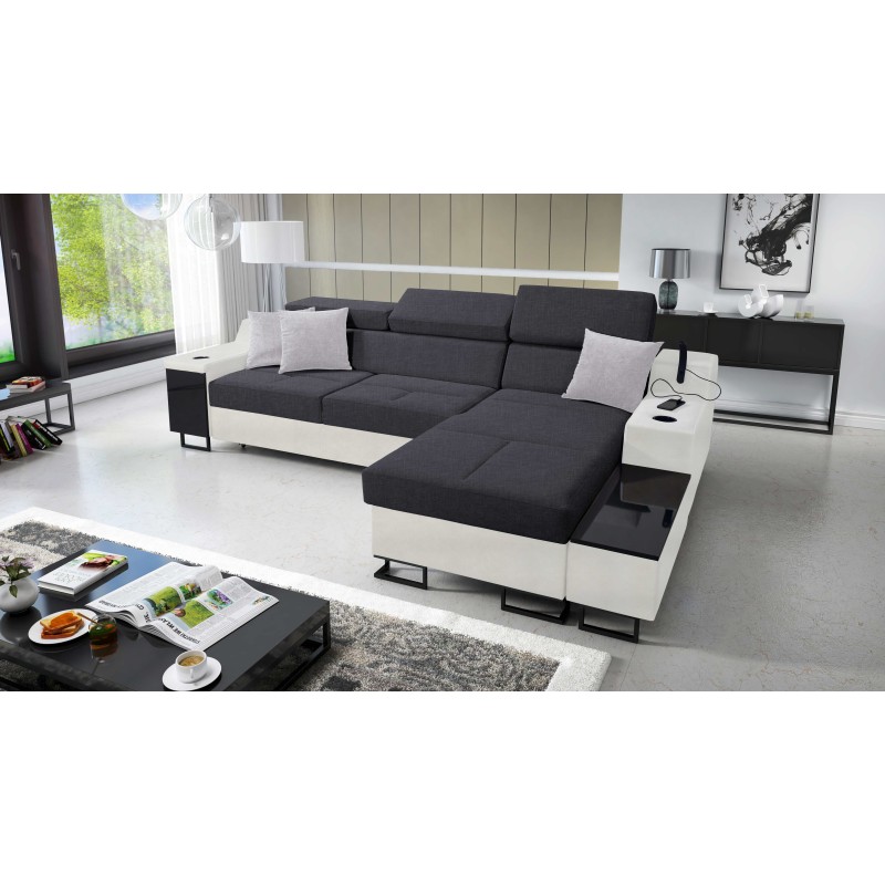 Ecksofa Avanti I mini mit Schlaffunktion und Lampe mit USB-Anschluss, Stoff Sawana 96 + Kunstleder Ecksofa Avanti I mini mit Schlaffunktion und Lampe mit USB-Anschluss, Stoff Sawana 96 + Kunstleder