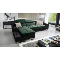 Ecksofa Avanti I mini mit Schlaffunktion und Lampe mit USB-Anschluss Stoff Whisper 11 + schwarzes Kunstleder
