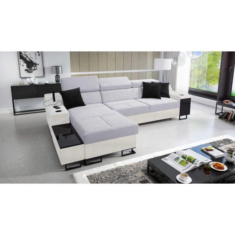 Ecksofa Avanti I mini mit Schlaffunktion und Lampe mit USB-Anschluss Stoff Sawana 84 + Kunstleder
