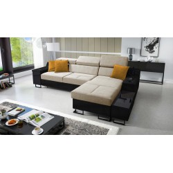 Avanti I Maxi Ecksofa mit Schlaffunktion und Lampe mit USB-Anschluss Stoff Whisper 3 + schwarzes Kunstleder