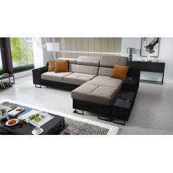 Ecksofa Avanti I Maxi mit Schlaffunktion und Lampe mit USB-Anschluss, Stoff Whisper 5 + schwarzes Kunstleder