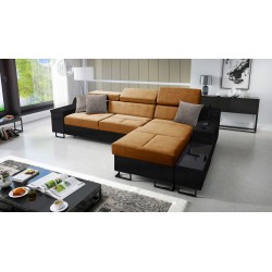 Ecksofa Avanti I Maxi mit Schlaffunktion und Lampe mit USB-Anschluss, Stoff Whisper 9 + schwarzes Kunstleder