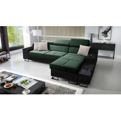 Ecksofa Avanti I maxi mit Schlaffunktion und Lampe mit USB-Anschluss Stoff Whisper 11 + schwarzes Kunstleder