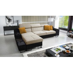 Avanti I Maxi Ecksofa mit Schlaffunktion und Lampe mit USB-Anschluss Stoff Whisper 3 + schwarzes Kunstleder