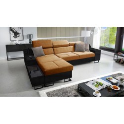 Ecksofa Avanti I Maxi mit Schlaffunktion und Lampe mit USB-Anschluss, Stoff Whisper 9 + schwarzes Kunstleder