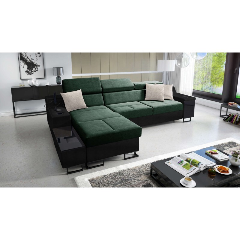 Ecksofa Avanti I maxi mit Schlaffunktion und Lampe mit USB-Anschluss Stoff Whisper 11 + schwarzes Kunstleder Ecksofa Avanti I maxi mit Schlaffunktion und Lampe mit USB-Anschluss Stoff Whisper 11 + schwarzes Kunstleder