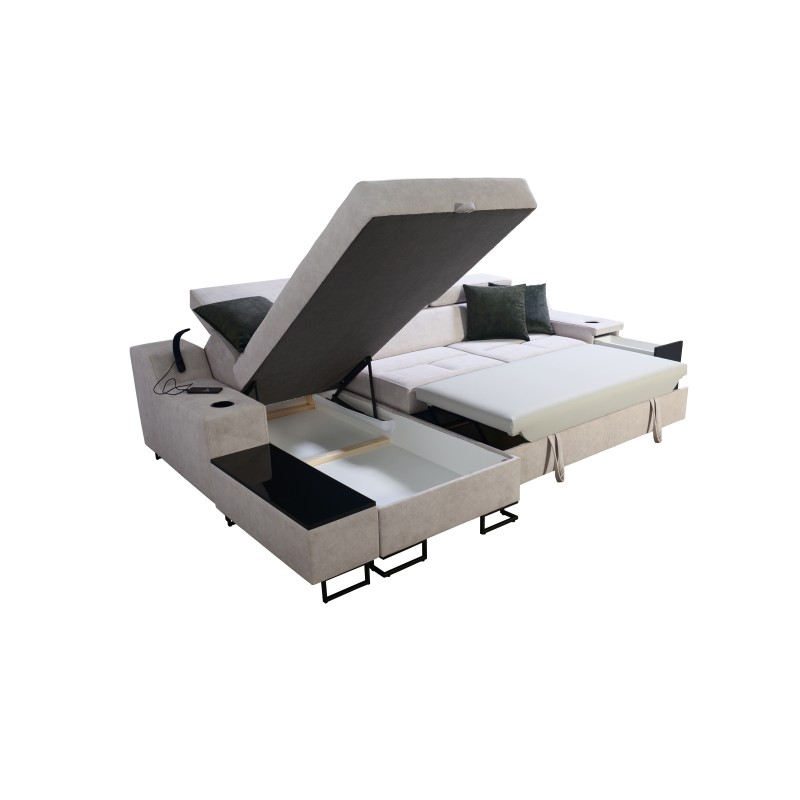 Ecksofa Avanti I maxi mit Schlaffunktion und Lampe mit USB-Anschluss Stoff Whisper 11 + schwarzes Kunstleder Ecksofa Avanti I maxi mit Schlaffunktion und Lampe mit USB-Anschluss Stoff Whisper 11 + schwarzes Kunstleder