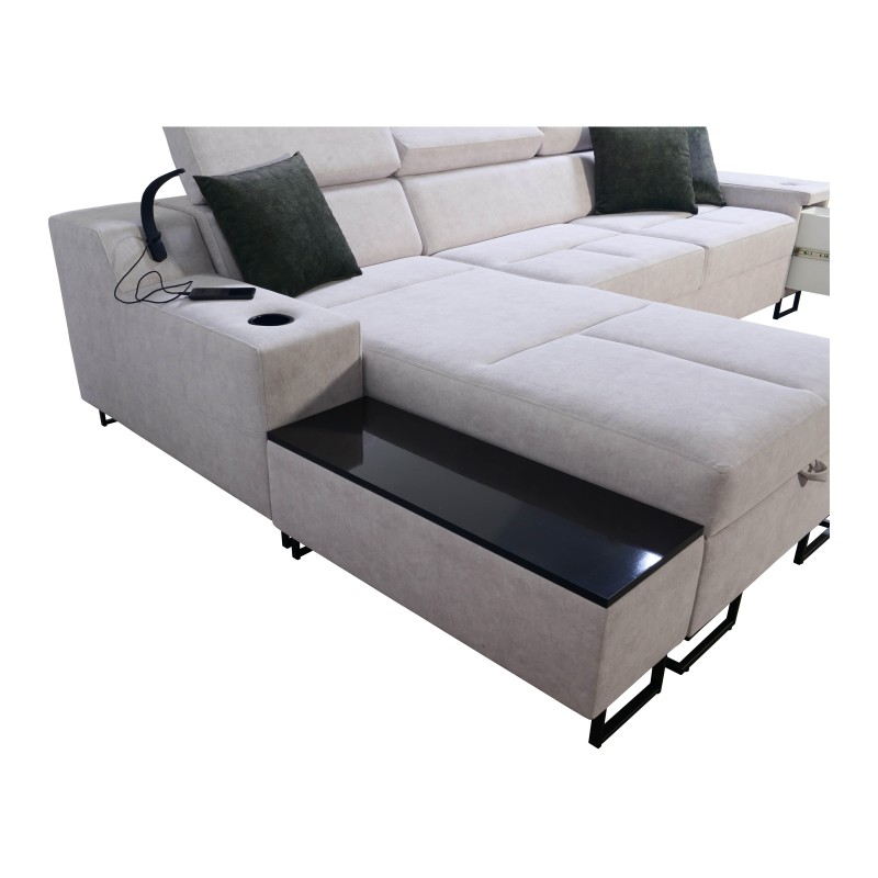 Ecksofa Avanti I maxi mit Schlaffunktion und Lampe mit USB-Anschluss Stoff Whisper 11 + schwarzes Kunstleder Ecksofa Avanti I maxi mit Schlaffunktion und Lampe mit USB-Anschluss Stoff Whisper 11 + schwarzes Kunstleder